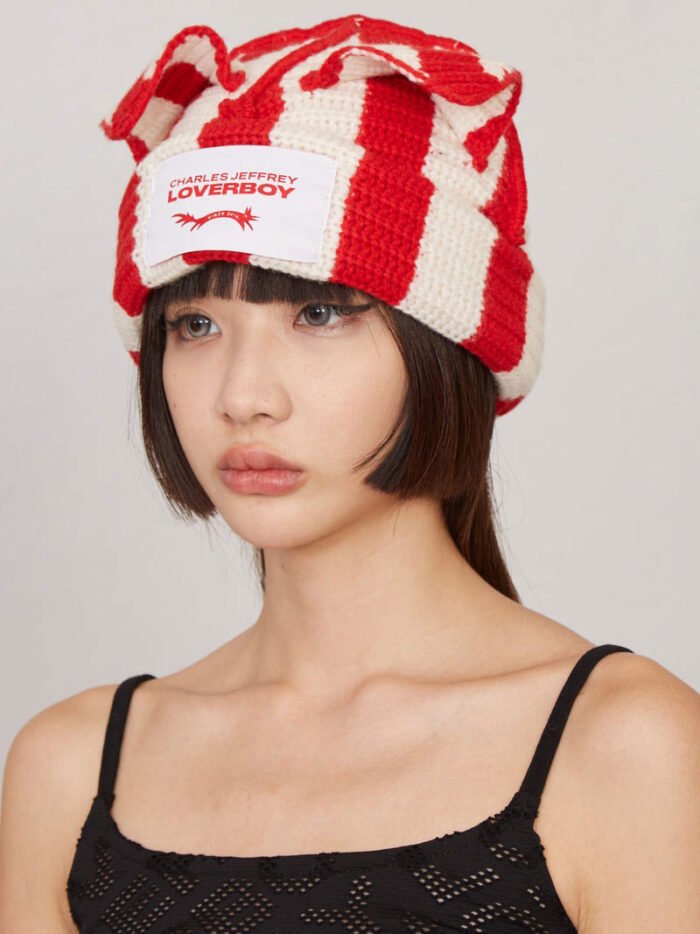 Striped Ears Beanie Red Ecru Backside