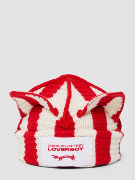 Striped Ears Beanie Red Ecru Frontside