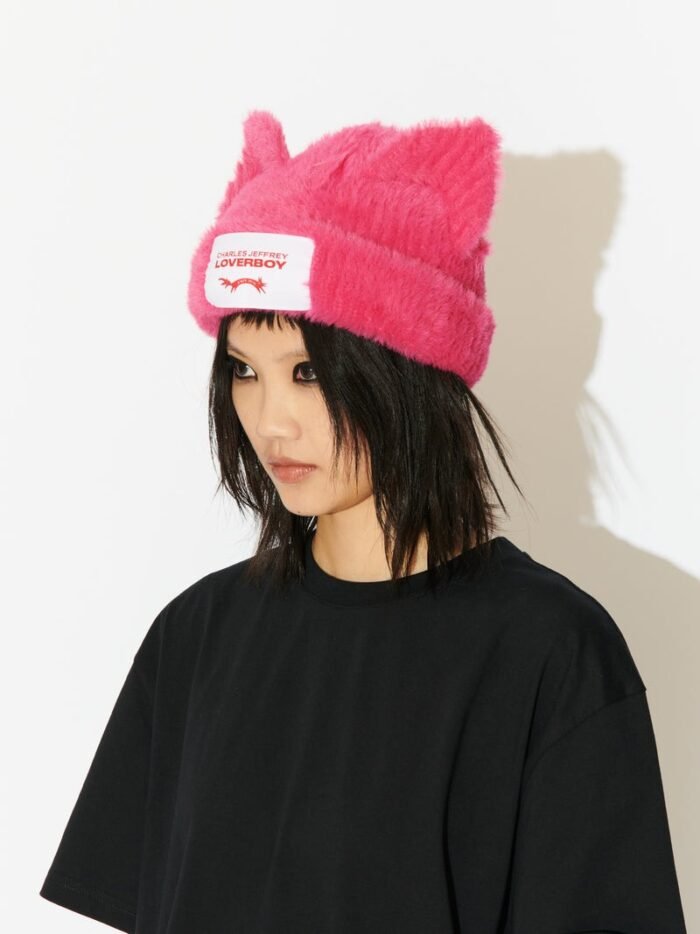 Fluffy Chunky Ears Beanie Pink Backside