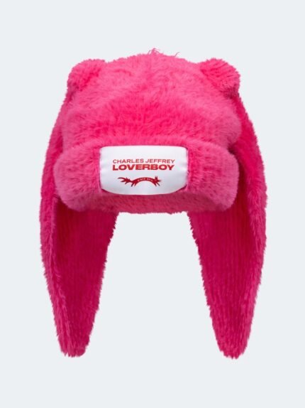 Fluffy Chunky Rabbit Beanie Pink Frontside