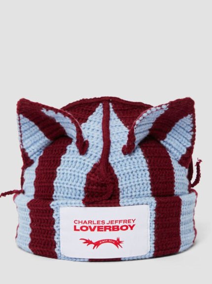Striped Ears Beanie - Sky Burgundy Frontside